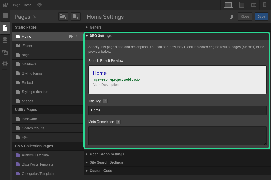 webflow seo settings